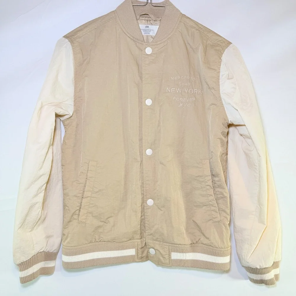 HM Kids Tan New York‎ Forever Varsity Bomber Jacket Beige White Size 8-10Y